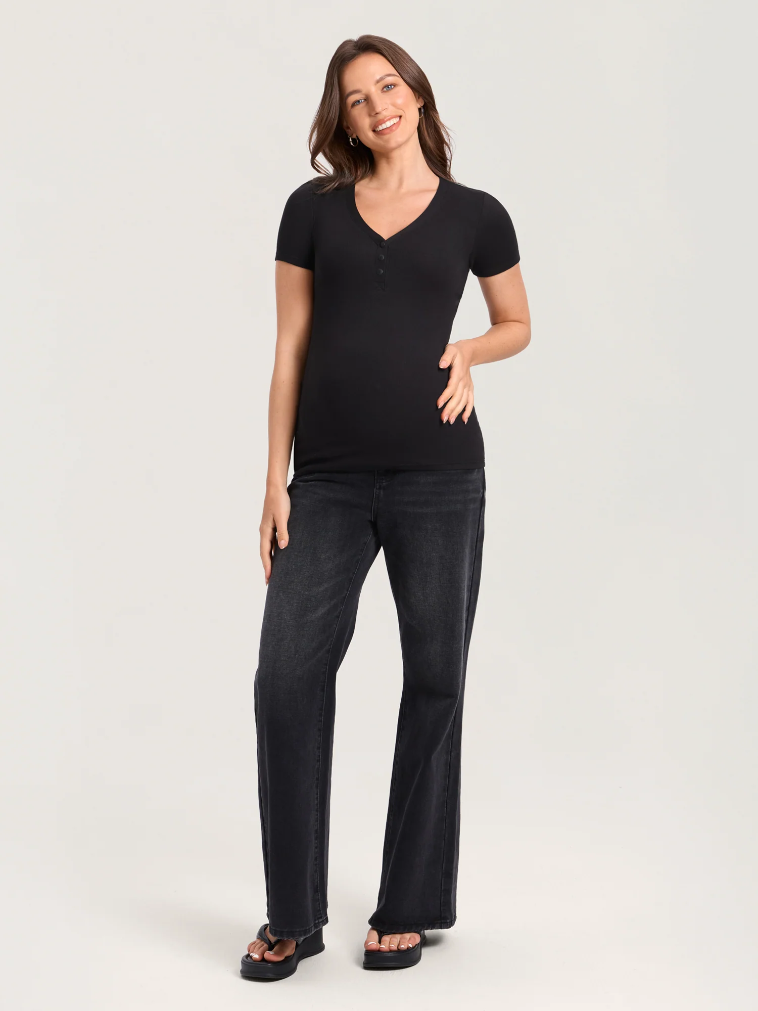 Cotton Rib Henley Maternity Short Sleeve Shirts - Image 10