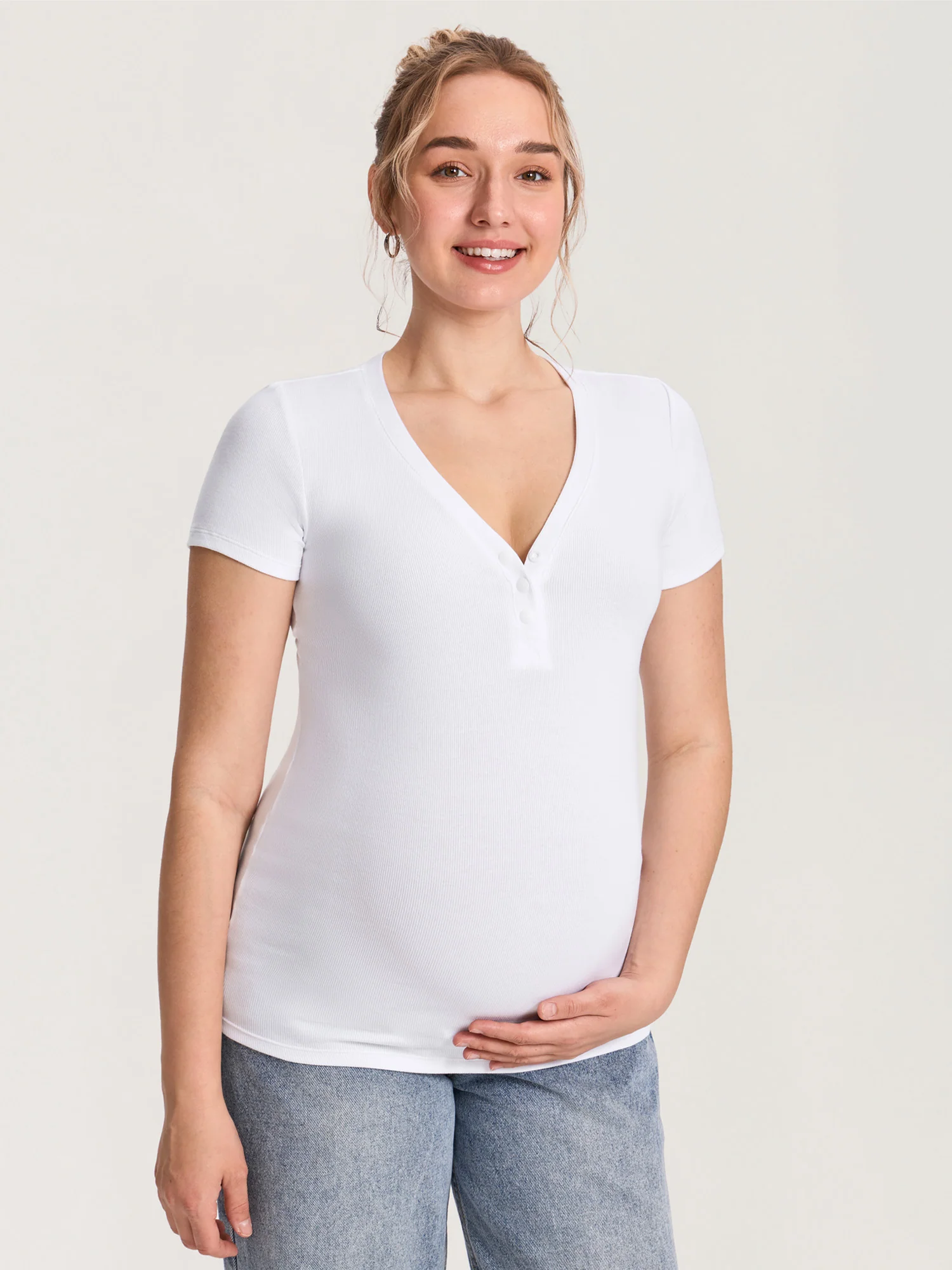 Cotton Rib Henley Maternity Short Sleeve Shirts - Image 11