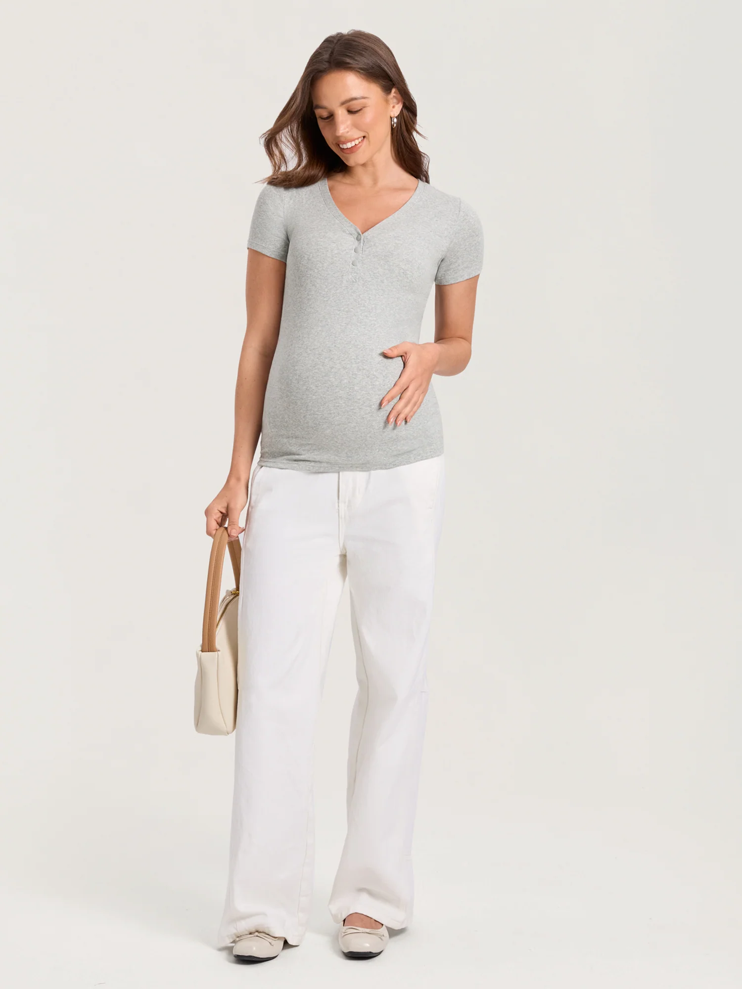 Cotton Rib Henley Maternity Short Sleeve Shirts - Image 4