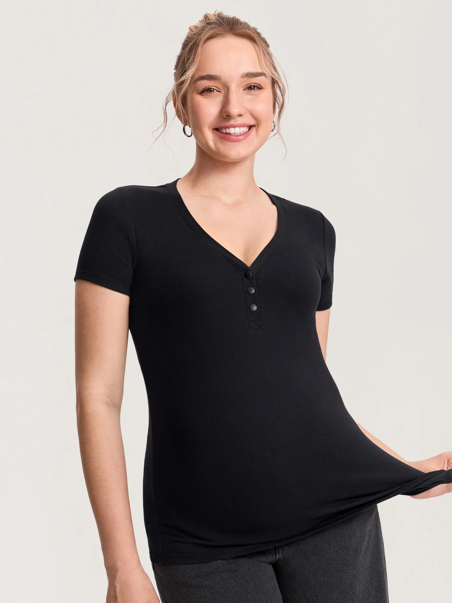 Cotton Rib Henley Maternity Short Sleeve Shirts - Image 9